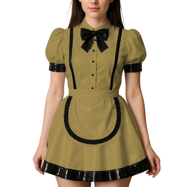 Womens Puff Short Sleeves Theme Party Maid Dress Halloween Cosplay Maid Outfits Turn-down Collar Wet Look Mini Dress with Apron
