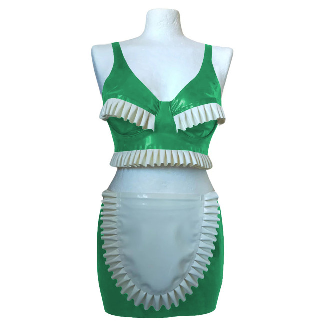 Exotic Sexy Ruffles Croped Sleeveless Top Bodycon Mini Skirts Vinyl PVC Leather Apron Maid Outfits Rave Party Nightclub Suit