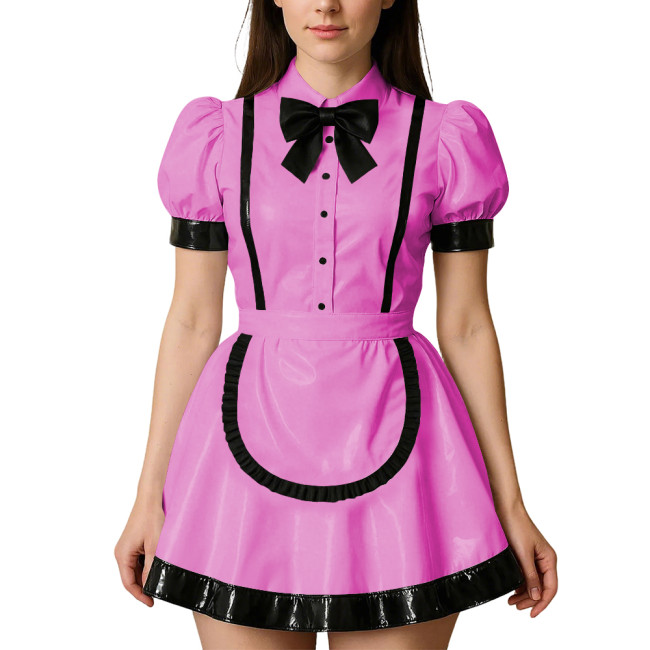 Womens Puff Short Sleeves Theme Party Maid Dress Halloween Cosplay Maid Outfits Turn-down Collar Wet Look Mini Dress with Apron