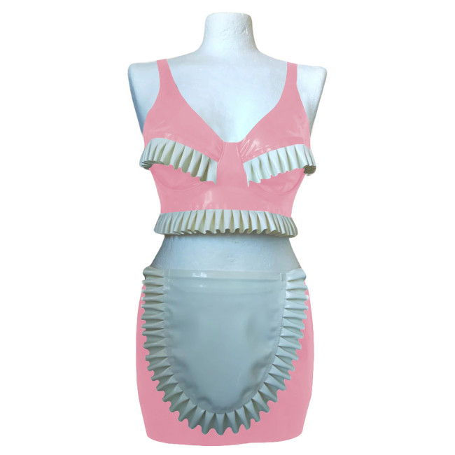 Exotic Sexy Ruffles Croped Sleeveless Top Bodycon Mini Skirts Vinyl PVC Leather Apron Maid Outfits Rave Party Nightclub Suit