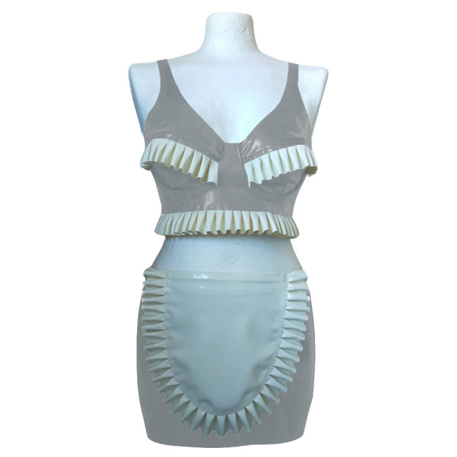 Exotic Sexy Ruffles Croped Sleeveless Top Bodycon Mini Skirts Vinyl PVC Leather Apron Maid Outfits Rave Party Nightclub Suit