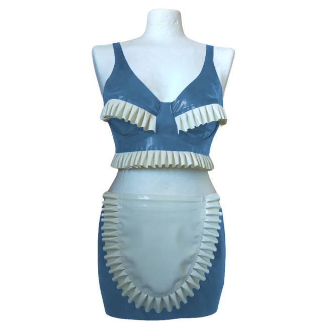 Exotic Sexy Ruffles Croped Sleeveless Top Bodycon Mini Skirts Vinyl PVC Leather Apron Maid Outfits Rave Party Nightclub Suit