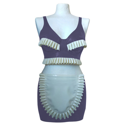 Exotic Sexy Ruffles Croped Sleeveless Top Bodycon Mini Skirts Vinyl PVC Leather Apron Maid Outfits Rave Party Nightclub Suit