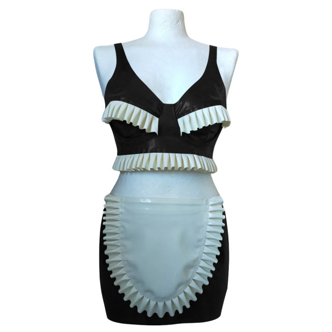 Exotic Sexy Ruffles Croped Sleeveless Top Bodycon Mini Skirts Vinyl PVC Leather Apron Maid Outfits Rave Party Nightclub Suit