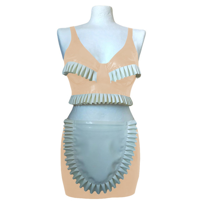 Exotic Sexy Ruffles Croped Sleeveless Top Bodycon Mini Skirts Vinyl PVC Leather Apron Maid Outfits Rave Party Nightclub Suit