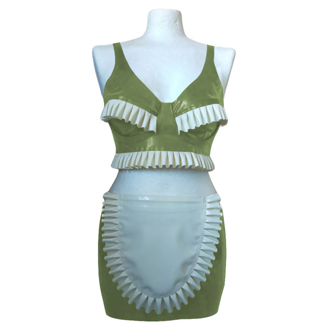 Exotic Sexy Ruffles Croped Sleeveless Top Bodycon Mini Skirts Vinyl PVC Leather Apron Maid Outfits Rave Party Nightclub Suit