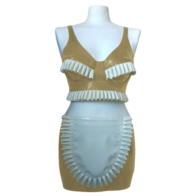 Exotic Sexy Ruffles Croped Sleeveless Top Bodycon Mini Skirts Vinyl PVC Leather Apron Maid Outfits Rave Party Nightclub Suit