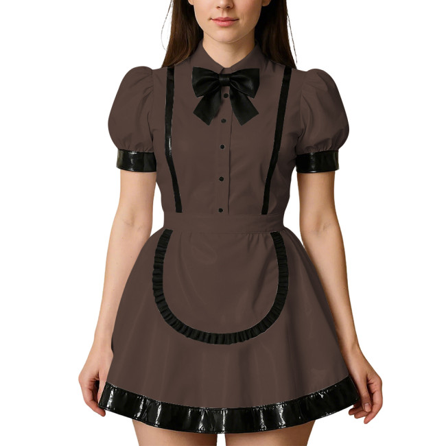 Womens Puff Short Sleeves Theme Party Maid Dress Halloween Cosplay Maid Outfits Turn-down Collar Wet Look Mini Dress with Apron