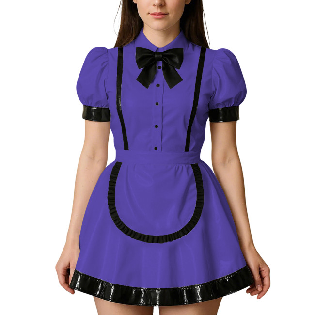 Womens Puff Short Sleeves Theme Party Maid Dress Halloween Cosplay Maid Outfits Turn-down Collar Wet Look Mini Dress with Apron