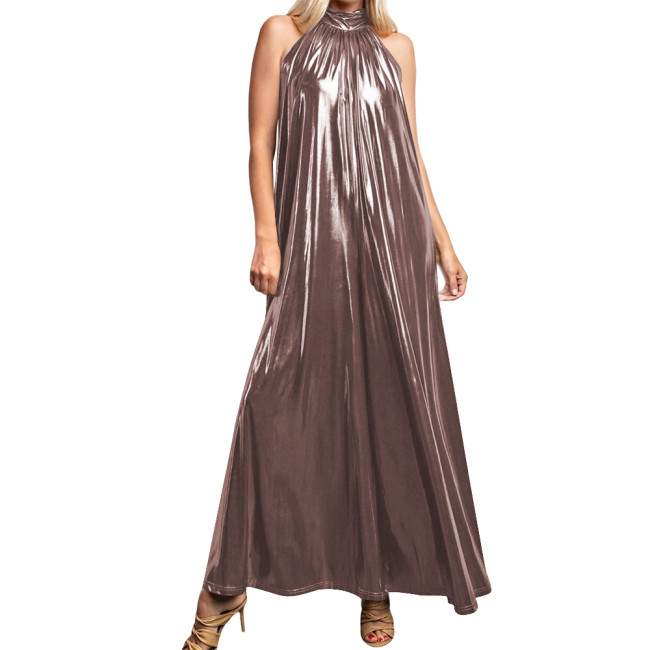 Metallic Liquid A-line Long Party Dress for Women Sexy High-neck Sleeveless Flared Maxi Gown Dress Clubwear Shiny Pleated Robe