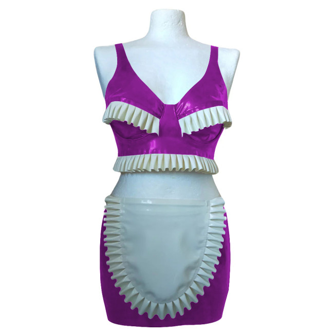 Exotic Sexy Ruffles Croped Sleeveless Top Bodycon Mini Skirts Vinyl PVC Leather Apron Maid Outfits Rave Party Nightclub Suit