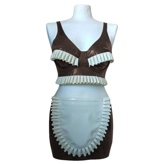 Exotic Sexy Ruffles Croped Sleeveless Top Bodycon Mini Skirts Vinyl PVC Leather Apron Maid Outfits Rave Party Nightclub Suit