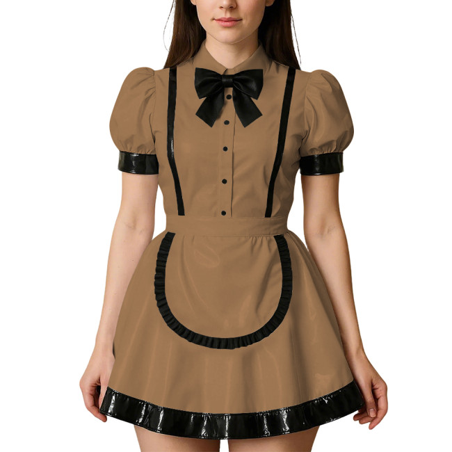 Womens Puff Short Sleeves Theme Party Maid Dress Halloween Cosplay Maid Outfits Turn-down Collar Wet Look Mini Dress with Apron