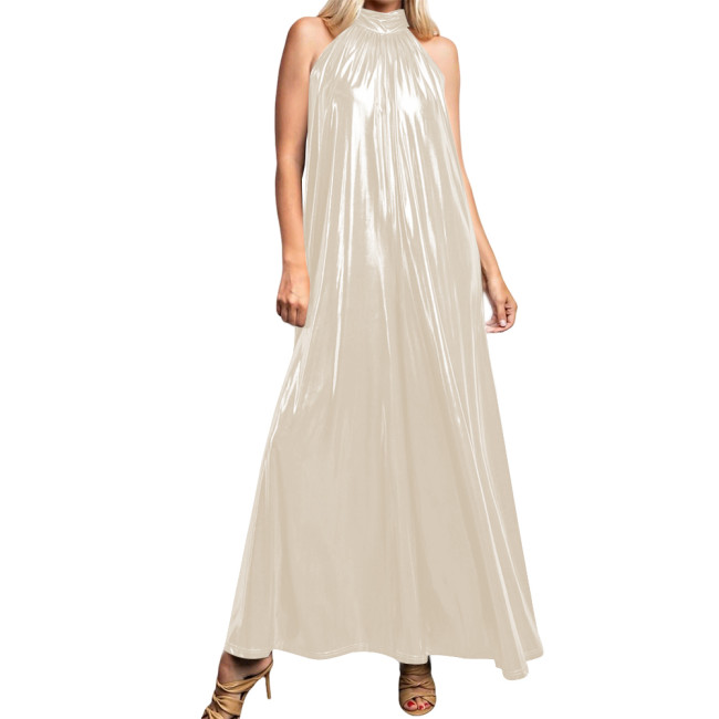 Metallic Liquid A-line Long Party Dress for Women Sexy High-neck Sleeveless Flared Maxi Gown Dress Clubwear Shiny Pleated Robe