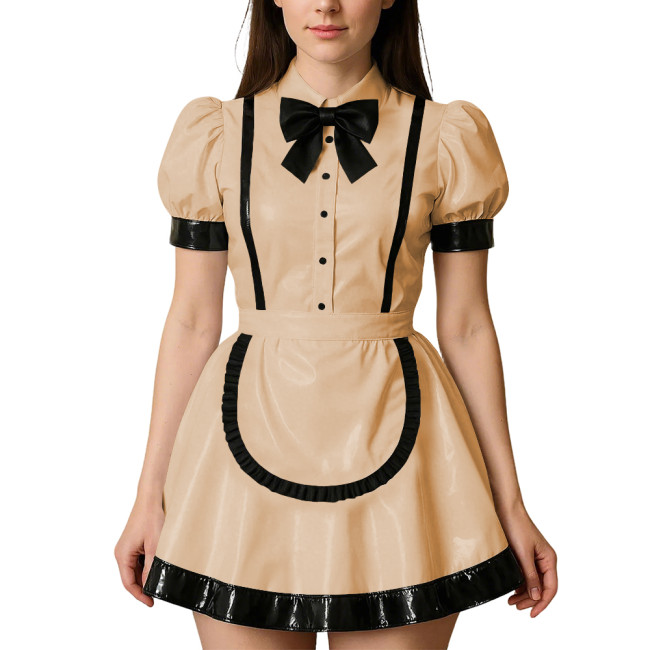 Womens Puff Short Sleeves Theme Party Maid Dress Halloween Cosplay Maid Outfits Turn-down Collar Wet Look Mini Dress with Apron