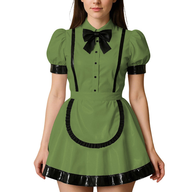 Womens Puff Short Sleeves Theme Party Maid Dress Halloween Cosplay Maid Outfits Turn-down Collar Wet Look Mini Dress with Apron