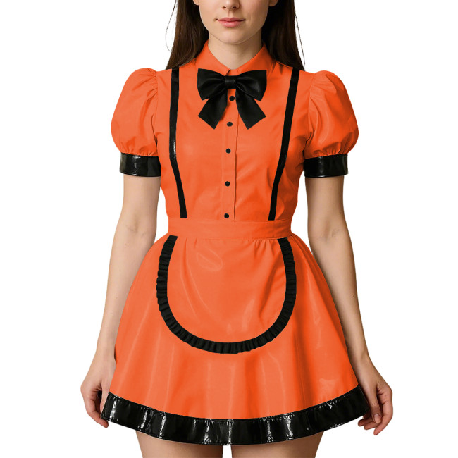 Womens Puff Short Sleeves Theme Party Maid Dress Halloween Cosplay Maid Outfits Turn-down Collar Wet Look Mini Dress with Apron