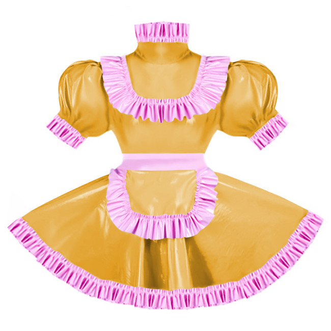 Sissy Pink Ruffles French Apron Maid Dress Lockable PVC Patent Leather A-line Maid Fancy Dress Cosplay Uniform Rave Party Outfit