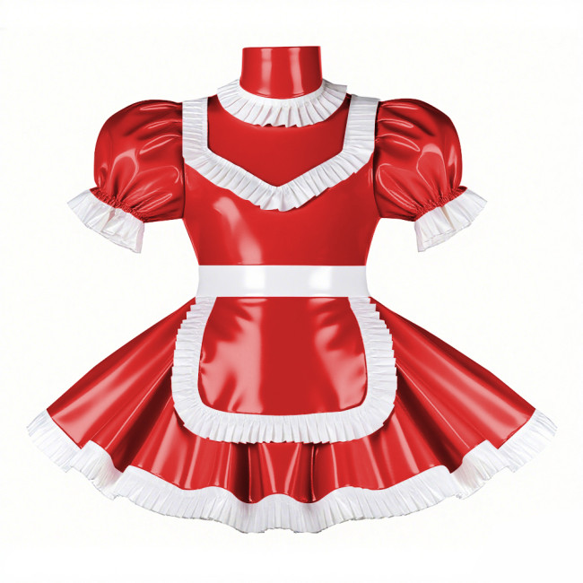 Adult Cross-dresser French Maid Uniform Wetlook PVC Leather Maidservant Cosplay Costume Ruffles Trim Sissy Turtleneck Maid Dress