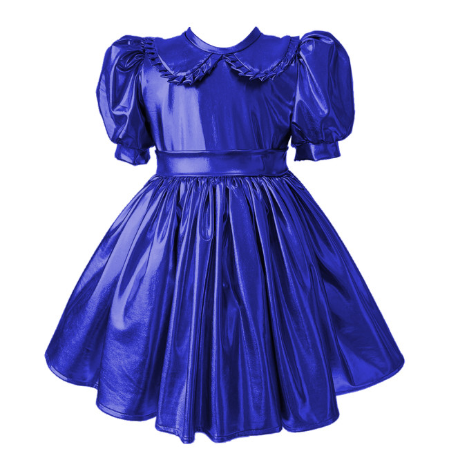 Sissy Metallic Shiny Doll Collar A-line Mini Dress Puff Short Sleeves Pleat Lolita Dress Halloween Role Play Theme Party Costume