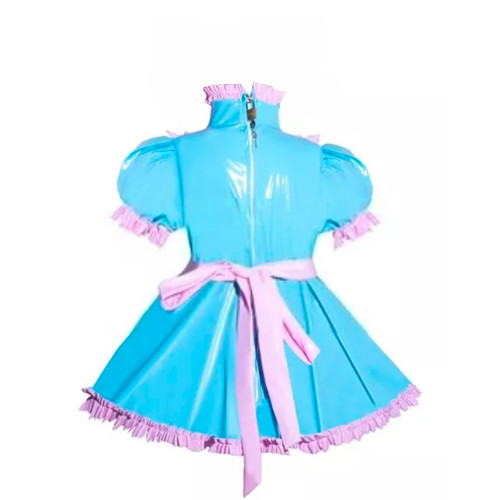 Sissy Pink Ruffles French Apron Maid Dress Lockable PVC Patent Leather A-line Maid Fancy Dress Cosplay Uniform Rave Party Outfit