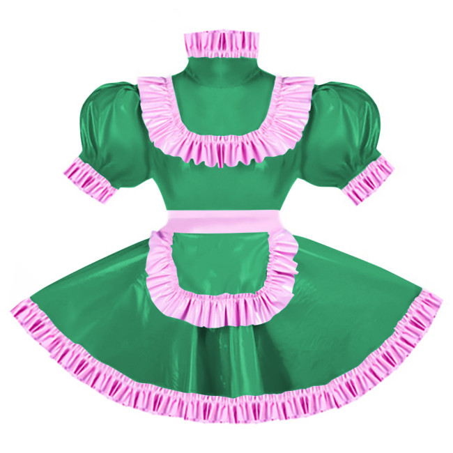 Sissy Pink Ruffles French Apron Maid Dress Lockable PVC Patent Leather A-line Maid Fancy Dress Cosplay Uniform Rave Party Outfit