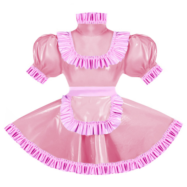 Sissy Pink Ruffles French Apron Maid Dress Lockable PVC Patent Leather A-line Maid Fancy Dress Cosplay Uniform Rave Party Outfit