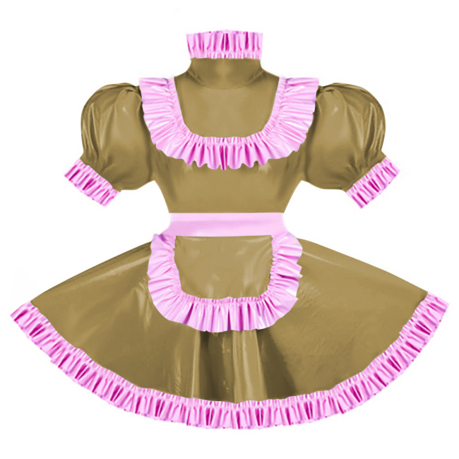 Sissy Pink Ruffles French Apron Maid Dress Lockable PVC Patent Leather A-line Maid Fancy Dress Cosplay Uniform Rave Party Outfit