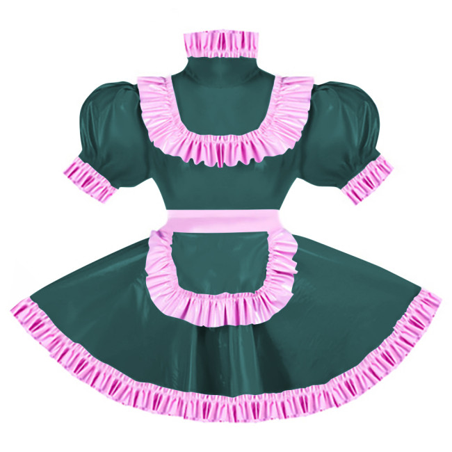 Sissy Pink Ruffles French Apron Maid Dress Lockable PVC Patent Leather A-line Maid Fancy Dress Cosplay Uniform Rave Party Outfit