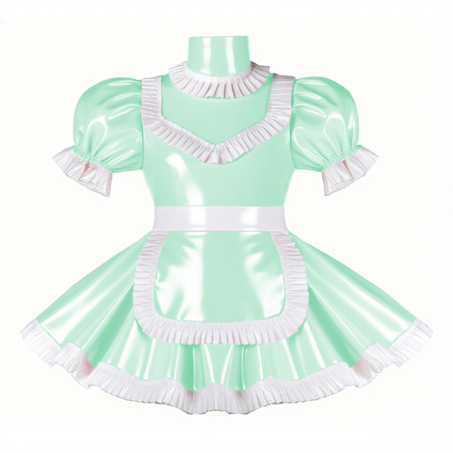 Adult Cross-dresser French Maid Uniform Wetlook PVC Leather Maidservant Cosplay Costume Ruffles Trim Sissy Turtleneck Maid Dress