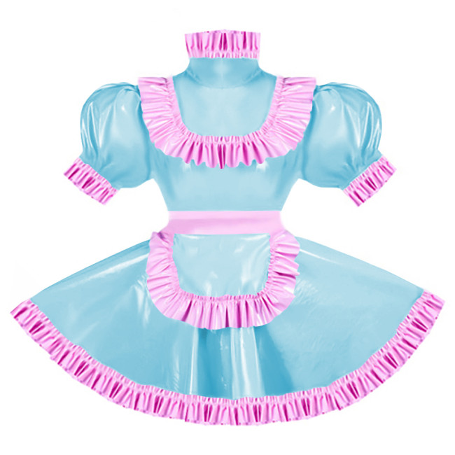 Sissy Pink Ruffles French Apron Maid Dress Lockable PVC Patent Leather A-line Maid Fancy Dress Cosplay Uniform Rave Party Outfit