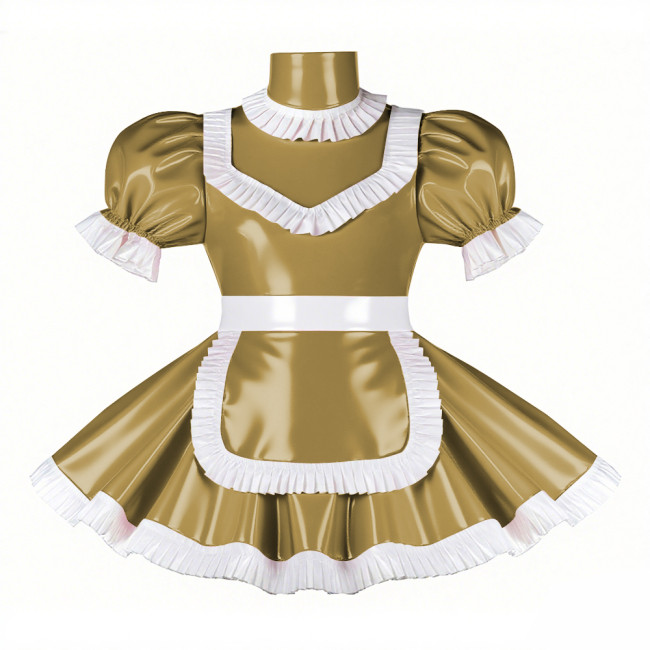 Adult Cross-dresser French Maid Uniform Wetlook PVC Leather Maidservant Cosplay Costume Ruffles Trim Sissy Turtleneck Maid Dress