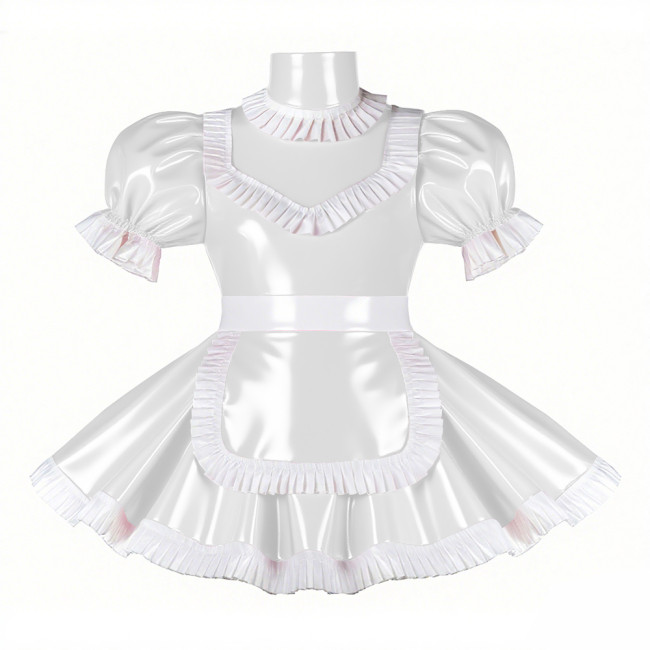 Adult Cross-dresser French Maid Uniform Wetlook PVC Leather Maidservant Cosplay Costume Ruffles Trim Sissy Turtleneck Maid Dress