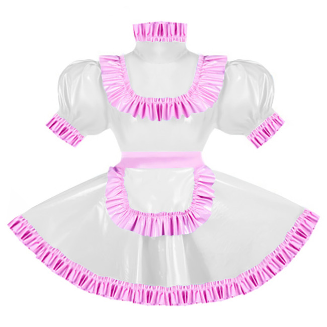 Sissy Pink Ruffles French Apron Maid Dress Lockable PVC Patent Leather A-line Maid Fancy Dress Cosplay Uniform Rave Party Outfit