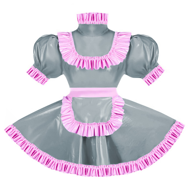 Sissy Pink Ruffles French Apron Maid Dress Lockable PVC Patent Leather A-line Maid Fancy Dress Cosplay Uniform Rave Party Outfit