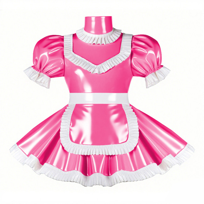 Adult Cross-dresser French Maid Uniform Wetlook PVC Leather Maidservant Cosplay Costume Ruffles Trim Sissy Turtleneck Maid Dress