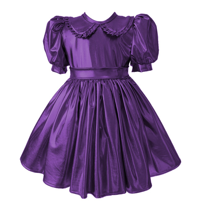 Sissy Metallic Shiny Doll Collar A-line Mini Dress Puff Short Sleeves Pleat Lolita Dress Halloween Role Play Theme Party Costume