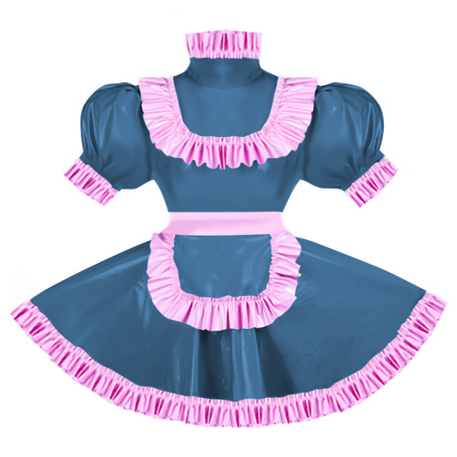 Sissy Pink Ruffles French Apron Maid Dress Lockable PVC Patent Leather A-line Maid Fancy Dress Cosplay Uniform Rave Party Outfit