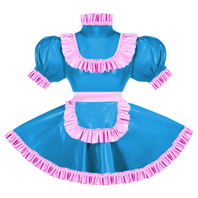 Sissy Pink Ruffles French Apron Maid Dress Lockable PVC Patent Leather A-line Maid Fancy Dress Cosplay Uniform Rave Party Outfit