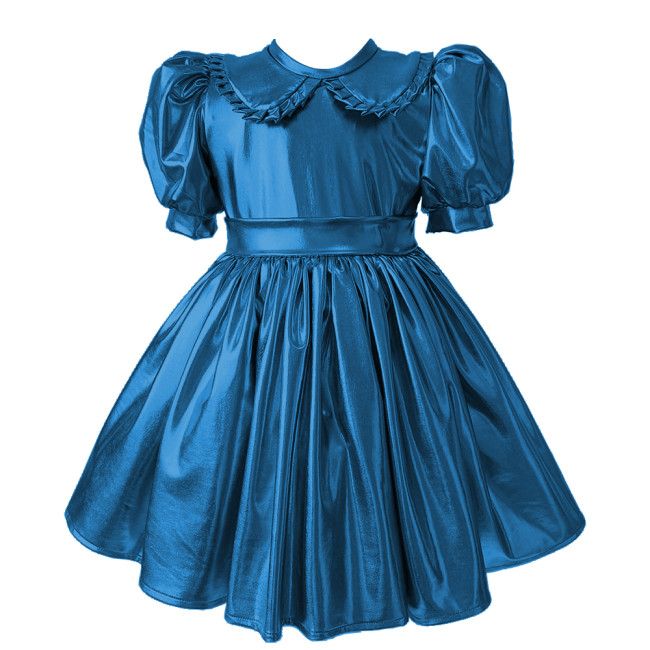 Sissy Metallic Shiny Doll Collar A-line Mini Dress Puff Short Sleeves Pleat Lolita Dress Halloween Role Play Theme Party Costume