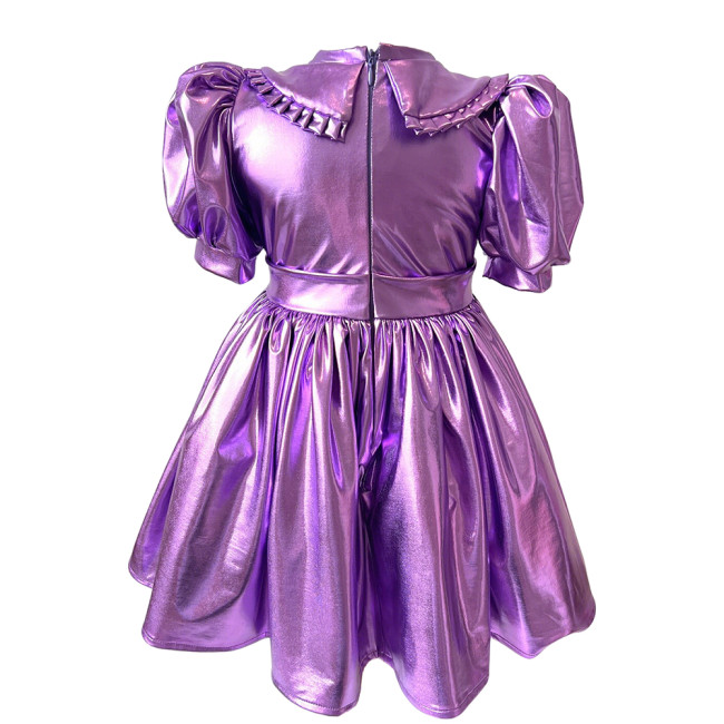 Sissy Metallic Shiny Doll Collar A-line Mini Dress Puff Short Sleeves Pleat Lolita Dress Halloween Role Play Theme Party Costume