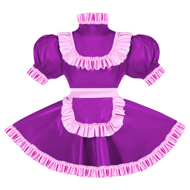 Sissy Pink Ruffles French Apron Maid Dress Lockable PVC Patent Leather A-line Maid Fancy Dress Cosplay Uniform Rave Party Outfit