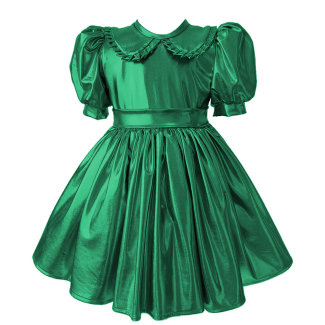 Sissy Metallic Shiny Doll Collar A-line Mini Dress Puff Short Sleeves Pleat Lolita Dress Halloween Role Play Theme Party Costume