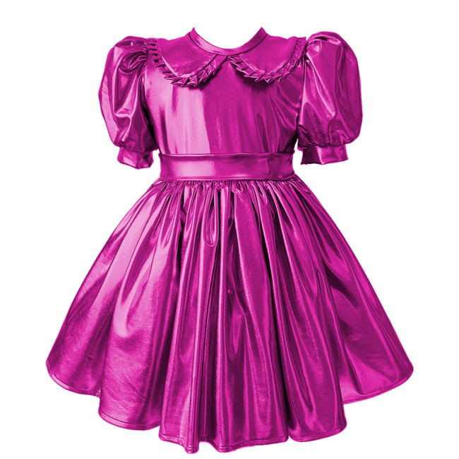 Sissy Metallic Shiny Doll Collar A-line Mini Dress Puff Short Sleeves Pleat Lolita Dress Halloween Role Play Theme Party Costume