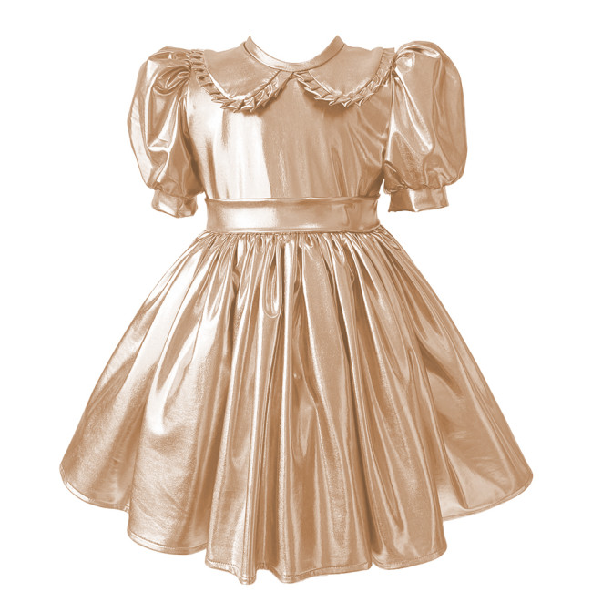 Sissy Metallic Shiny Doll Collar A-line Mini Dress Puff Short Sleeves Pleat Lolita Dress Halloween Role Play Theme Party Costume