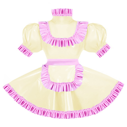 Sissy Pink Ruffles French Apron Maid Dress Lockable PVC Patent Leather A-line Maid Fancy Dress Cosplay Uniform Rave Party Outfit