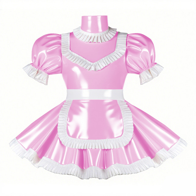Adult Cross-dresser French Maid Uniform Wetlook PVC Leather Maidservant Cosplay Costume Ruffles Trim Sissy Turtleneck Maid Dress