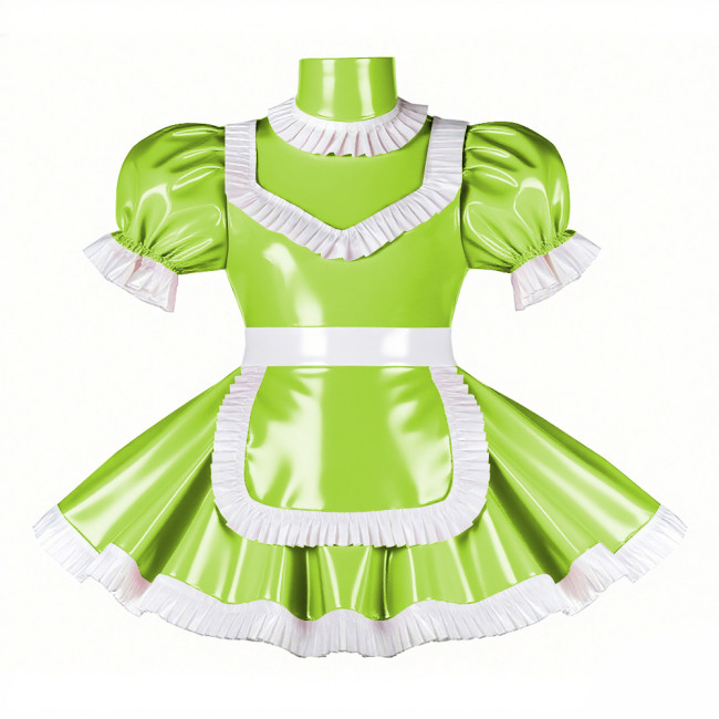 Adult Cross-dresser French Maid Uniform Wetlook PVC Leather Maidservant Cosplay Costume Ruffles Trim Sissy Turtleneck Maid Dress
