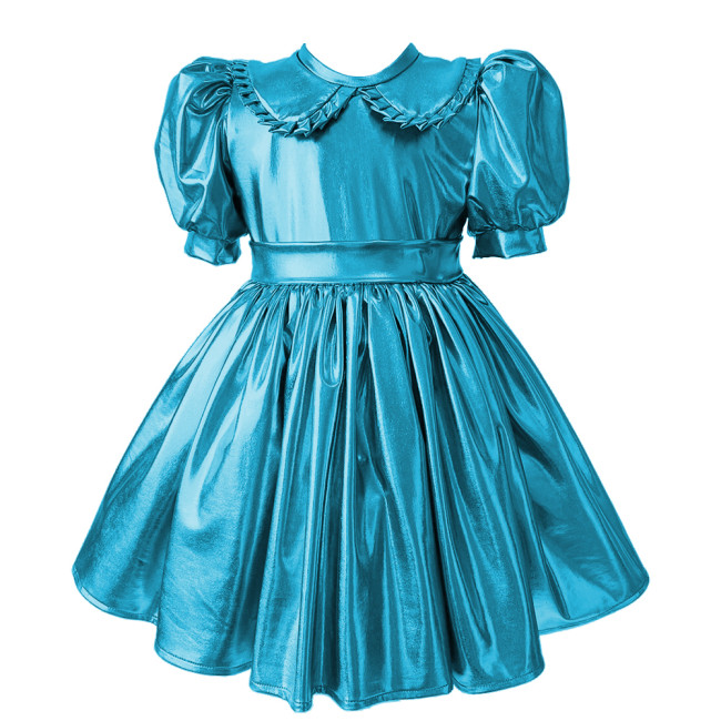 Sissy Metallic Shiny Doll Collar A-line Mini Dress Puff Short Sleeves Pleat Lolita Dress Halloween Role Play Theme Party Costume