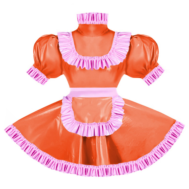 Sissy Pink Ruffles French Apron Maid Dress Lockable PVC Patent Leather A-line Maid Fancy Dress Cosplay Uniform Rave Party Outfit